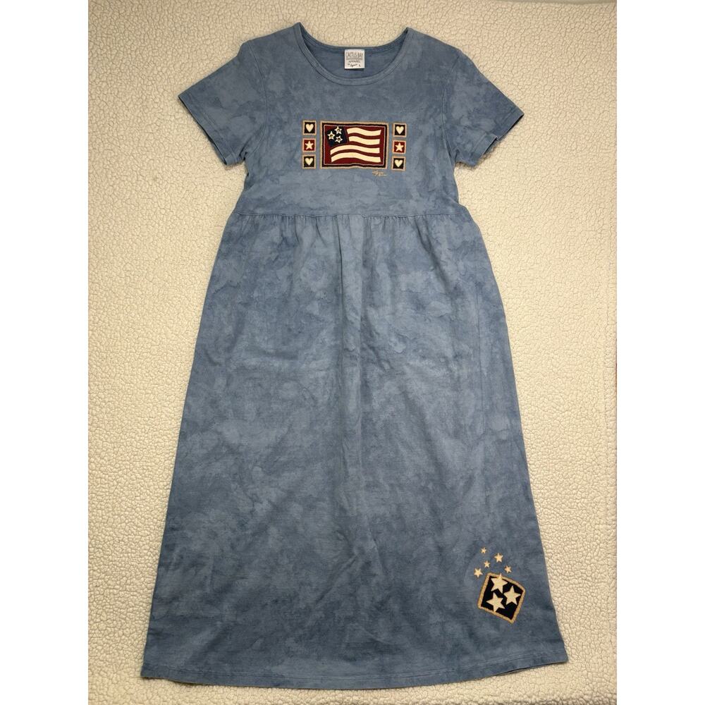 Vintage Cactus Bay Dress Sz L Blue Tie Dye‎ American Flag USA Maxi Tie Waist